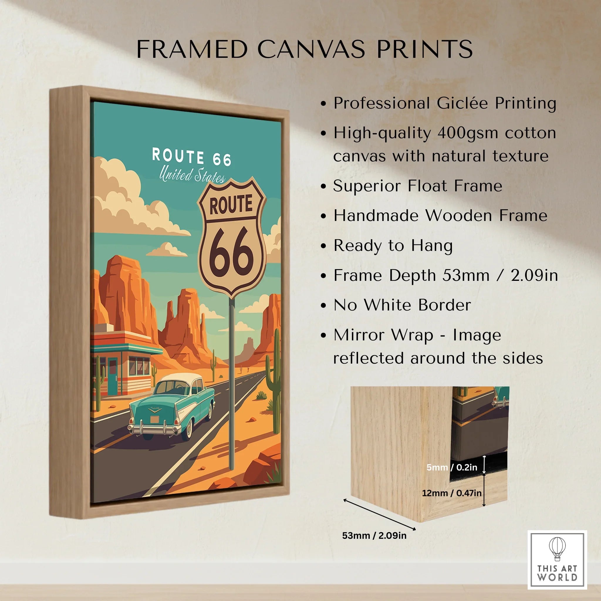 Framed Route 66 canvas wall art with vintage car, desert landscape, and wooden float frame.