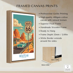 Framed Route 66 canvas print with float frame, vintage car, desert landscape art details.