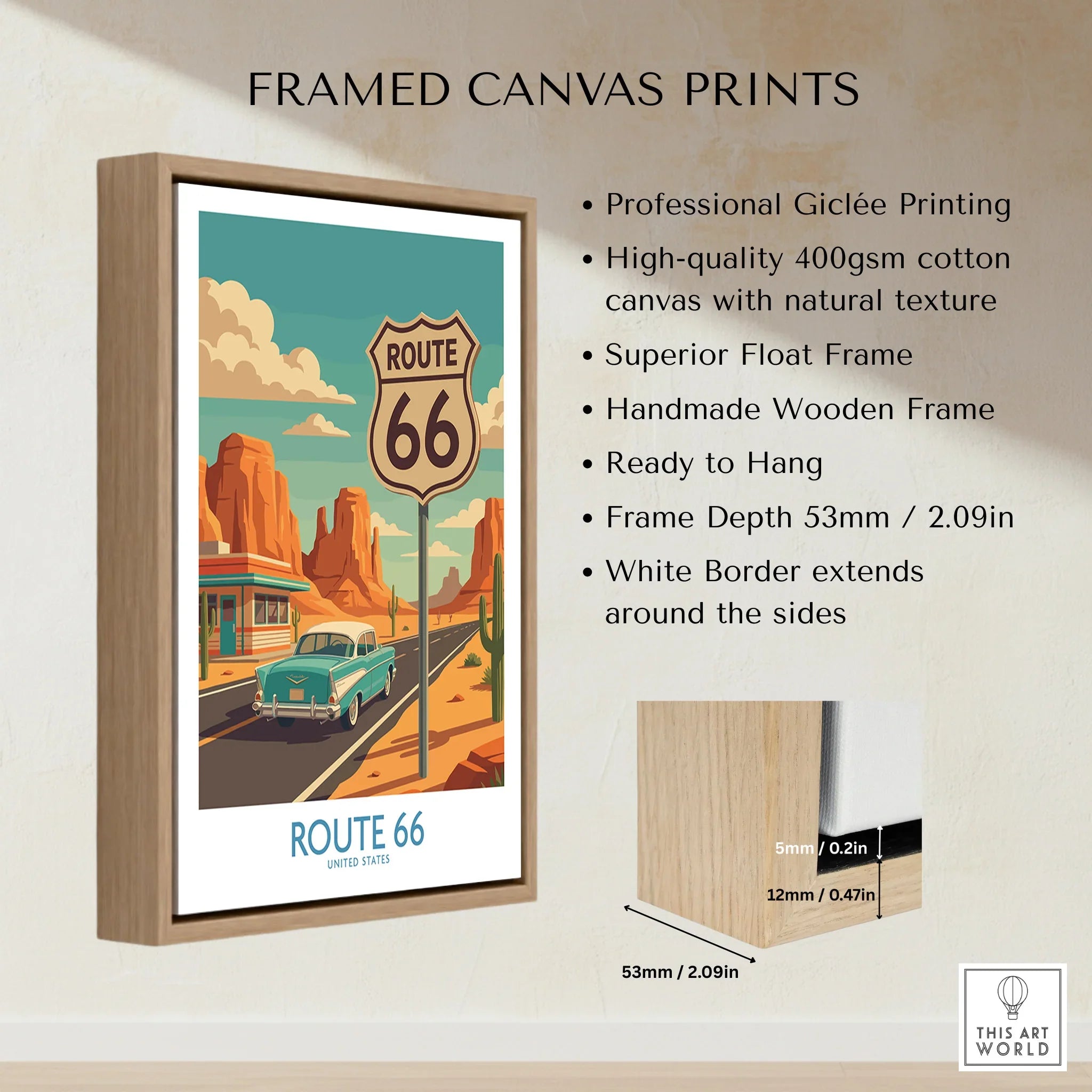 Framed Route 66 canvas print with float frame, vintage car, desert landscape art details.
