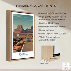 Route 66 framed canvas print with float frame, car driving in desert landscape, wall art decor