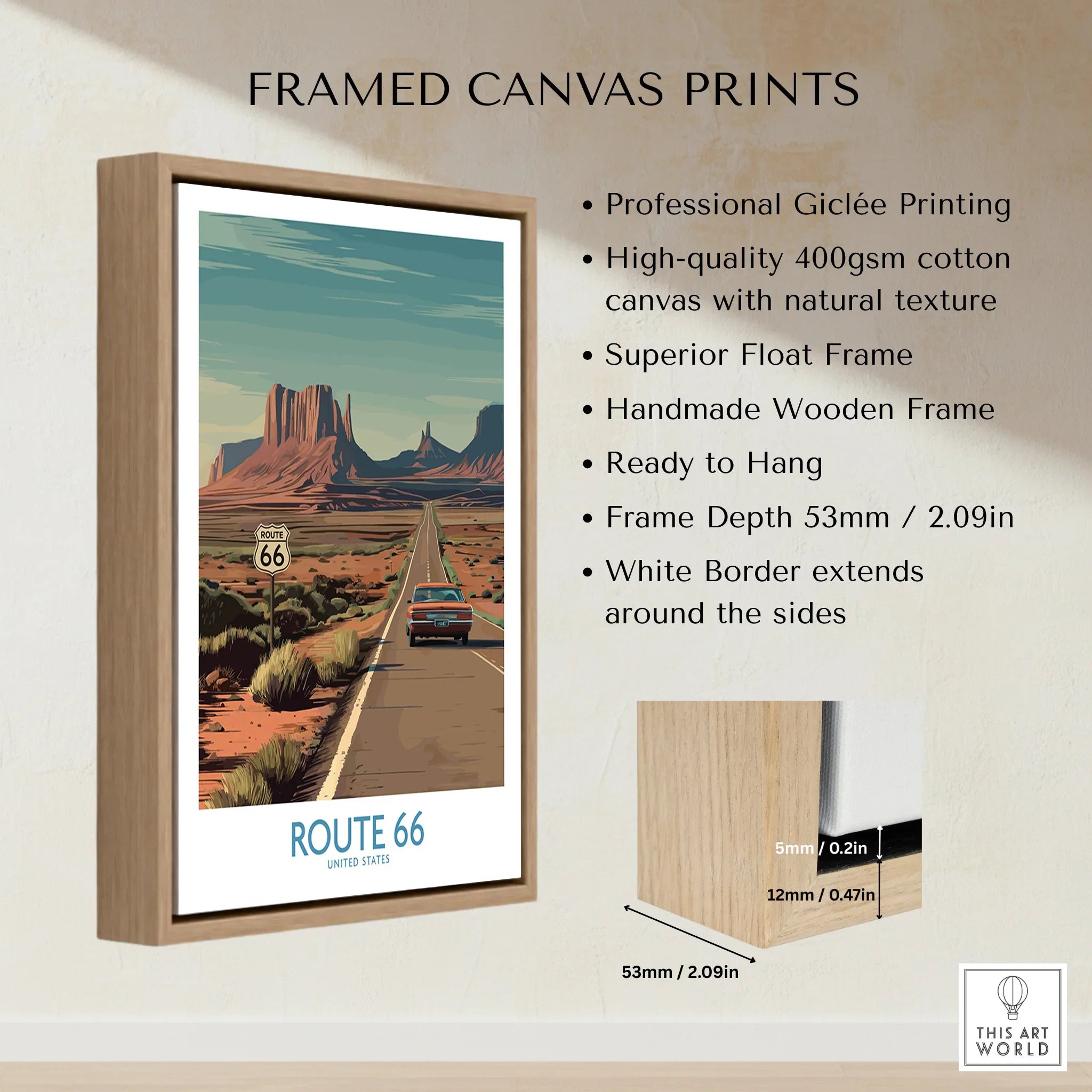 Route 66 framed canvas print with float frame, car driving in desert landscape, wall art decor