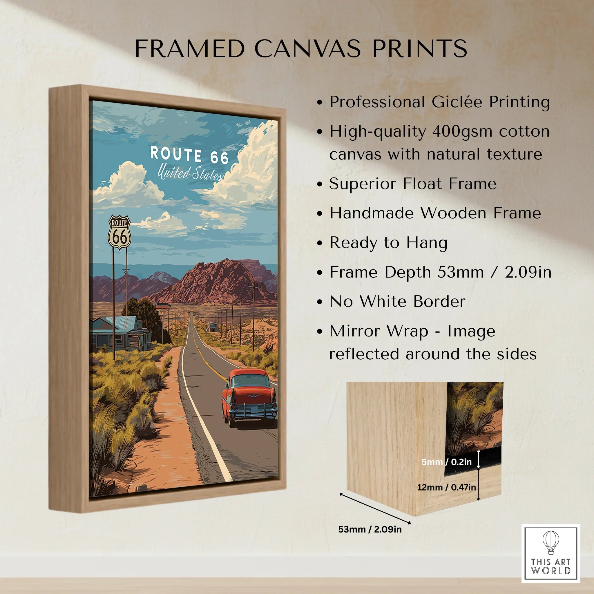 Framed canvas print of Route 66 with vintage car, wooden float frame, wall art decor details