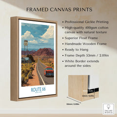 Framed Route 66 travel poster canvas print with wooden float frame and desert landscape art