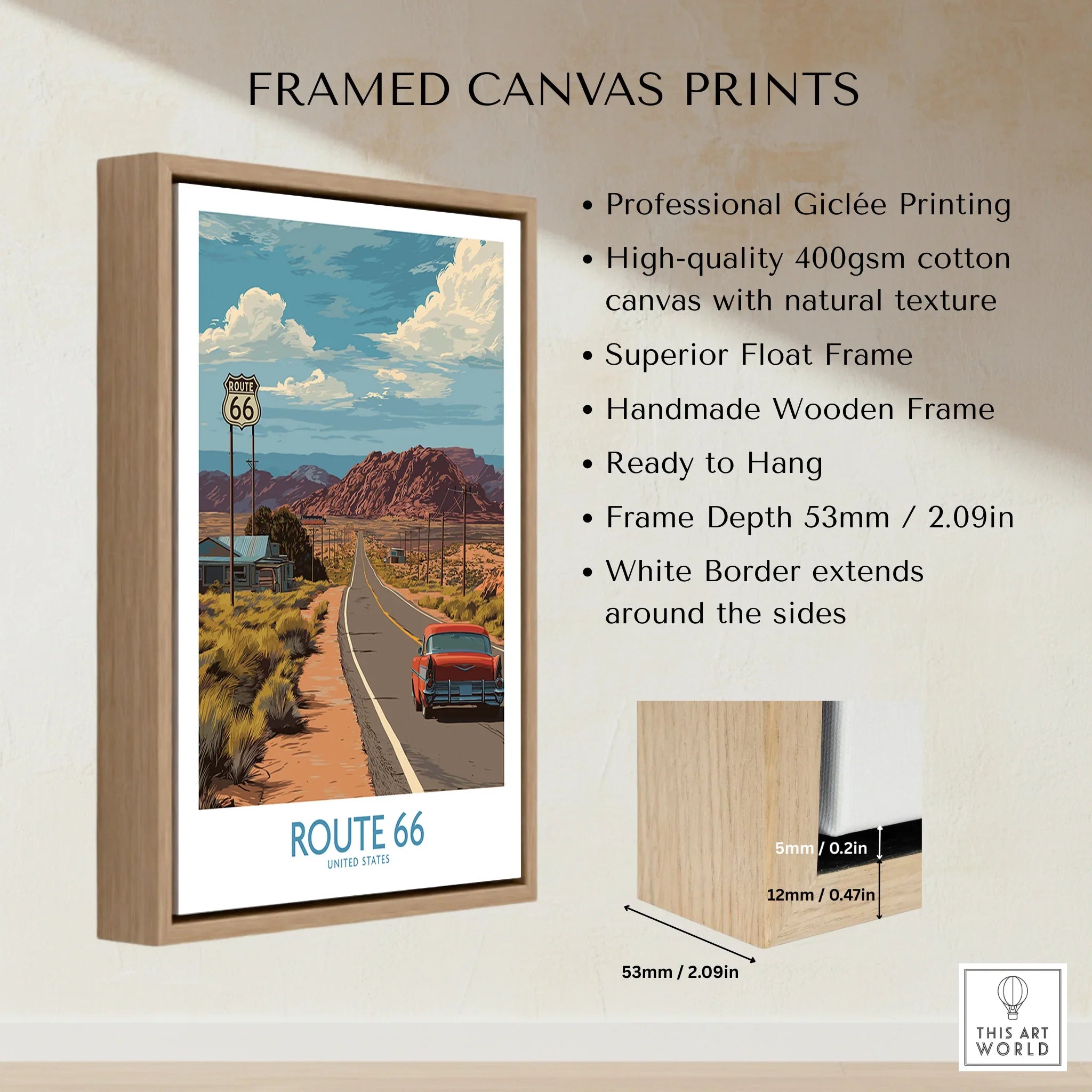 Framed Route 66 travel poster canvas print with wooden float frame and desert landscape art