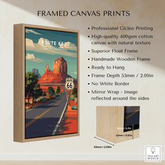 Framed canvas Route 66 wall art with float frame and detailed quality features.