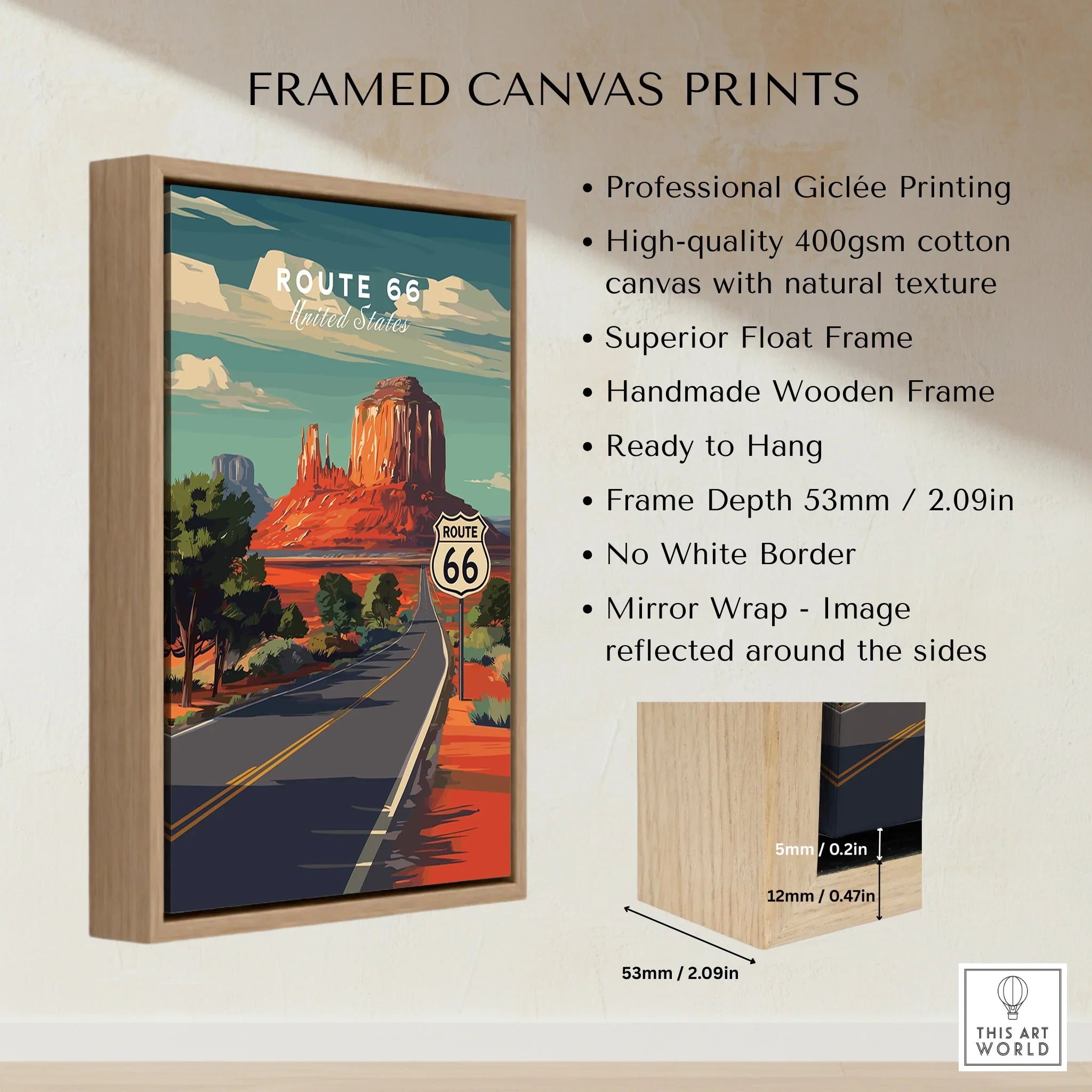 Framed canvas Route 66 wall art with float frame and detailed quality features.