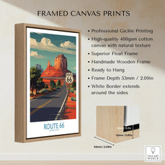 Framed Route 66 canvas wall art with wooden float frame and travel poster details