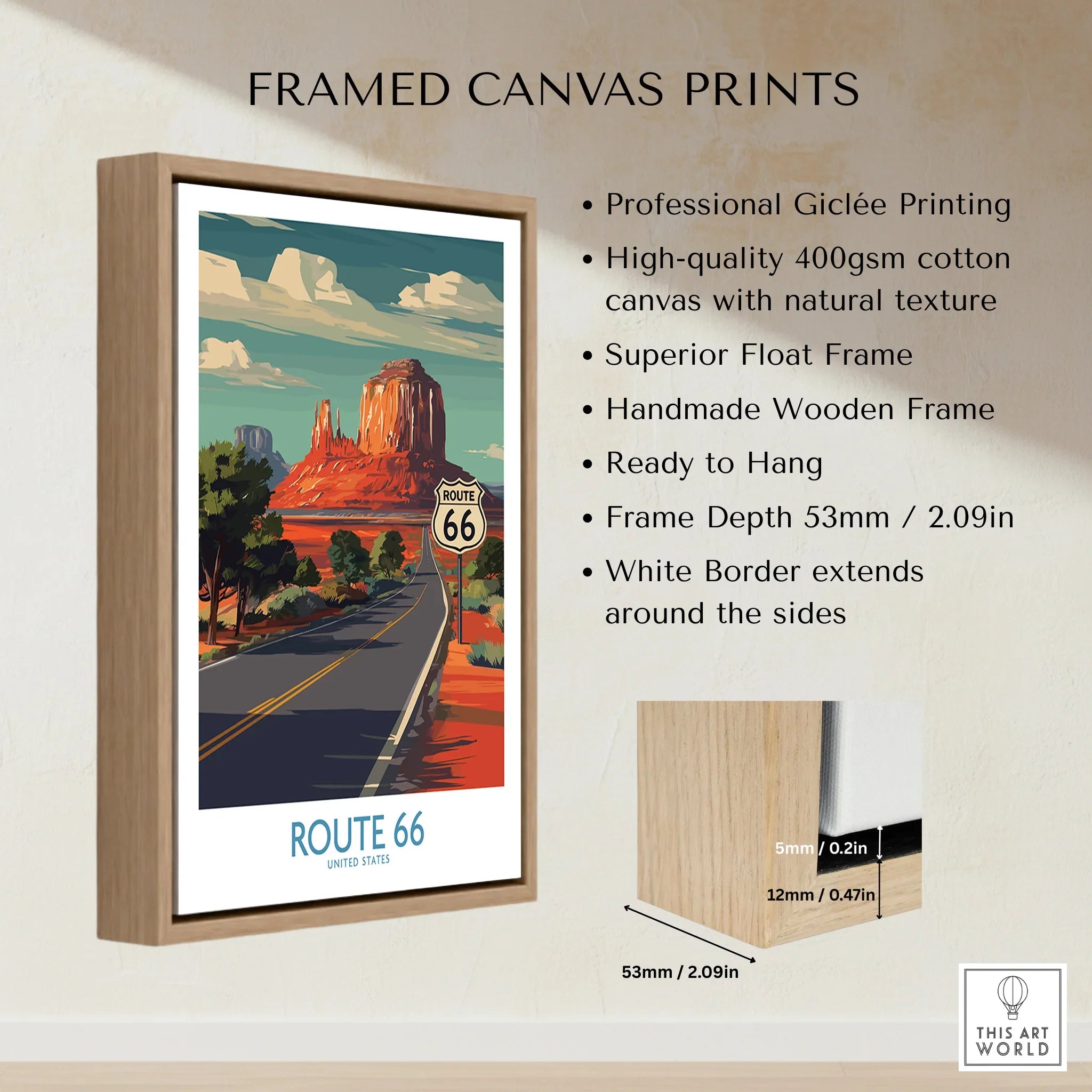 Framed Route 66 canvas wall art with wooden float frame and travel poster details