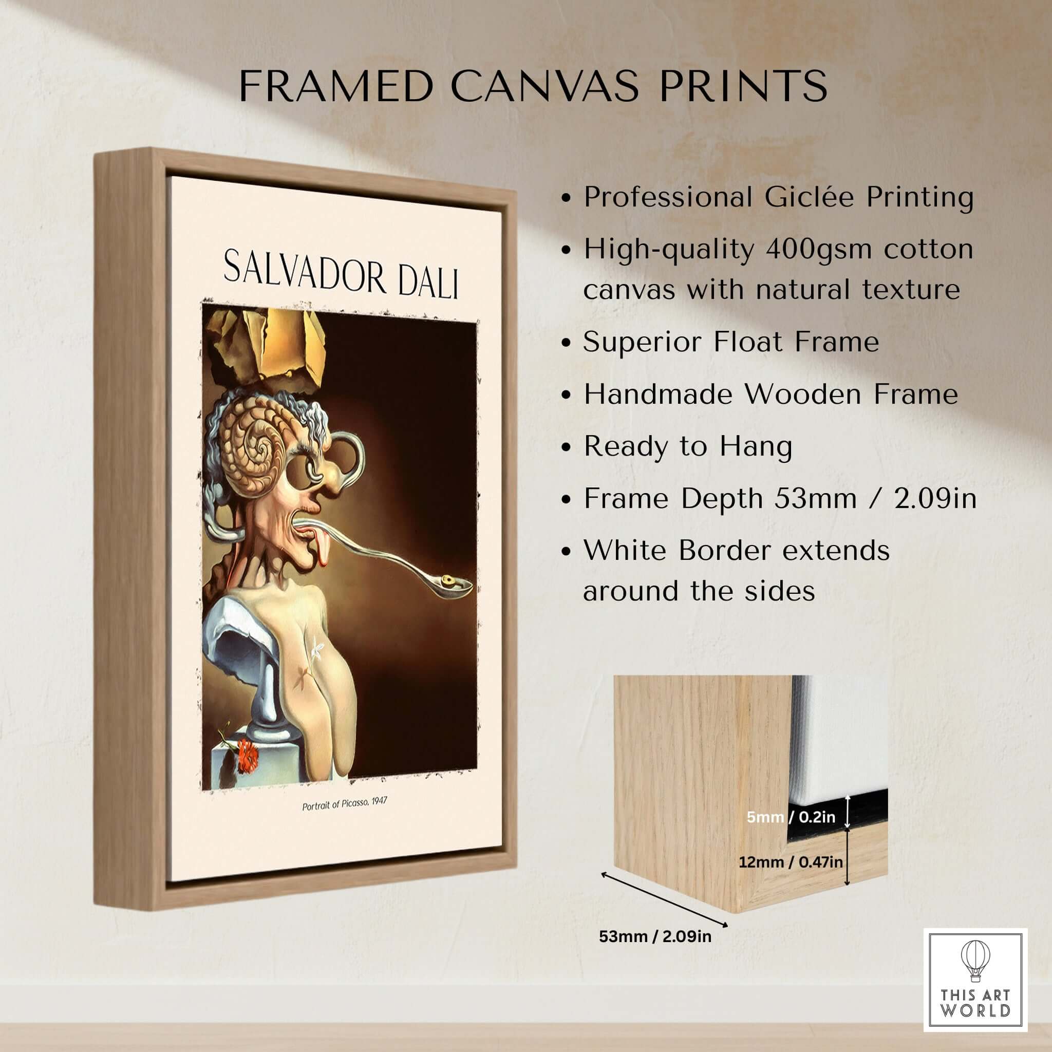 Salvador Dali Portrait of Picasso 1947 Surrealist Art Print Grotesque Poster framed in a wooden frame