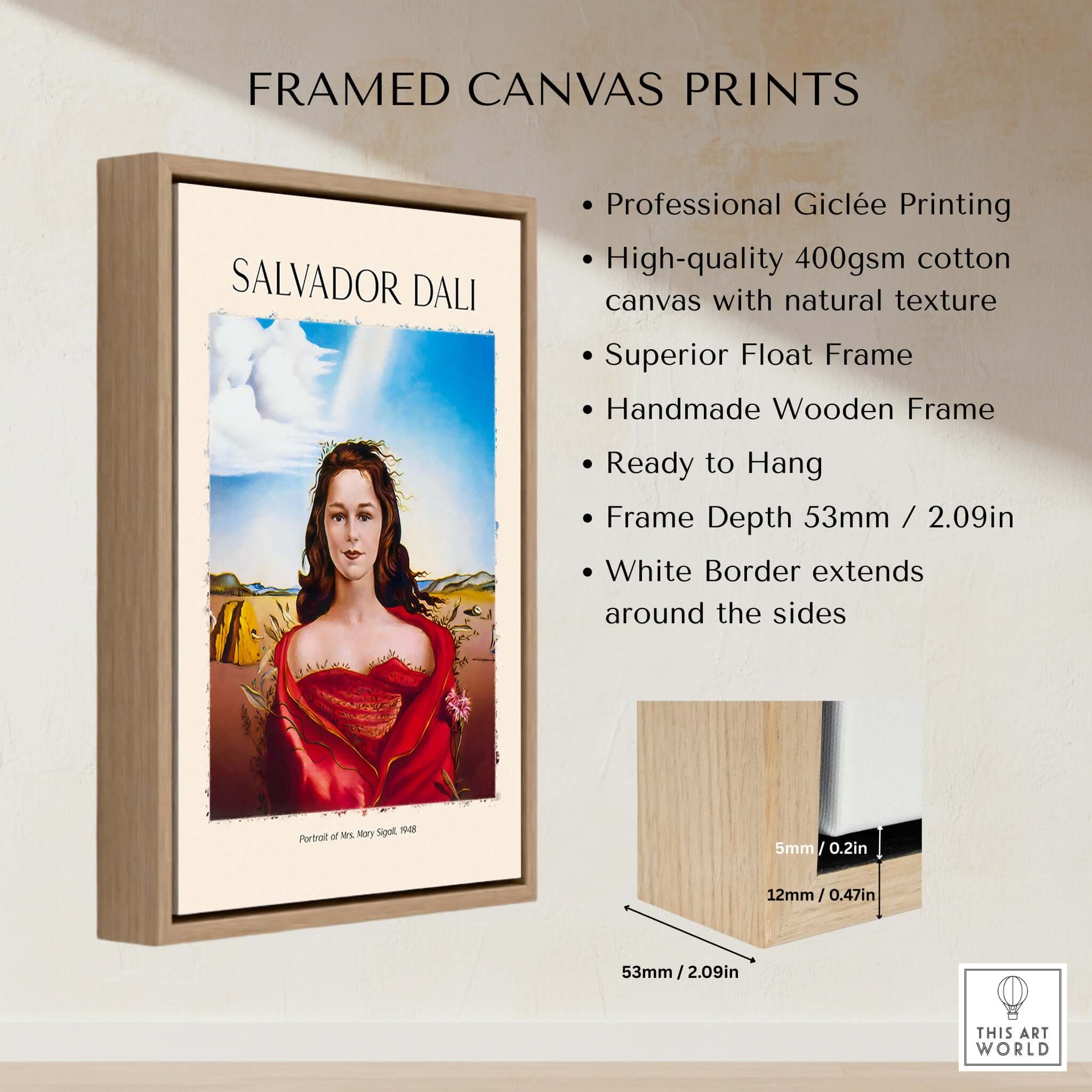 Salvador Dali Portrait Mrs Mary Sigall 1948 Surrealist Woman Art Print Poster in a wooden frame