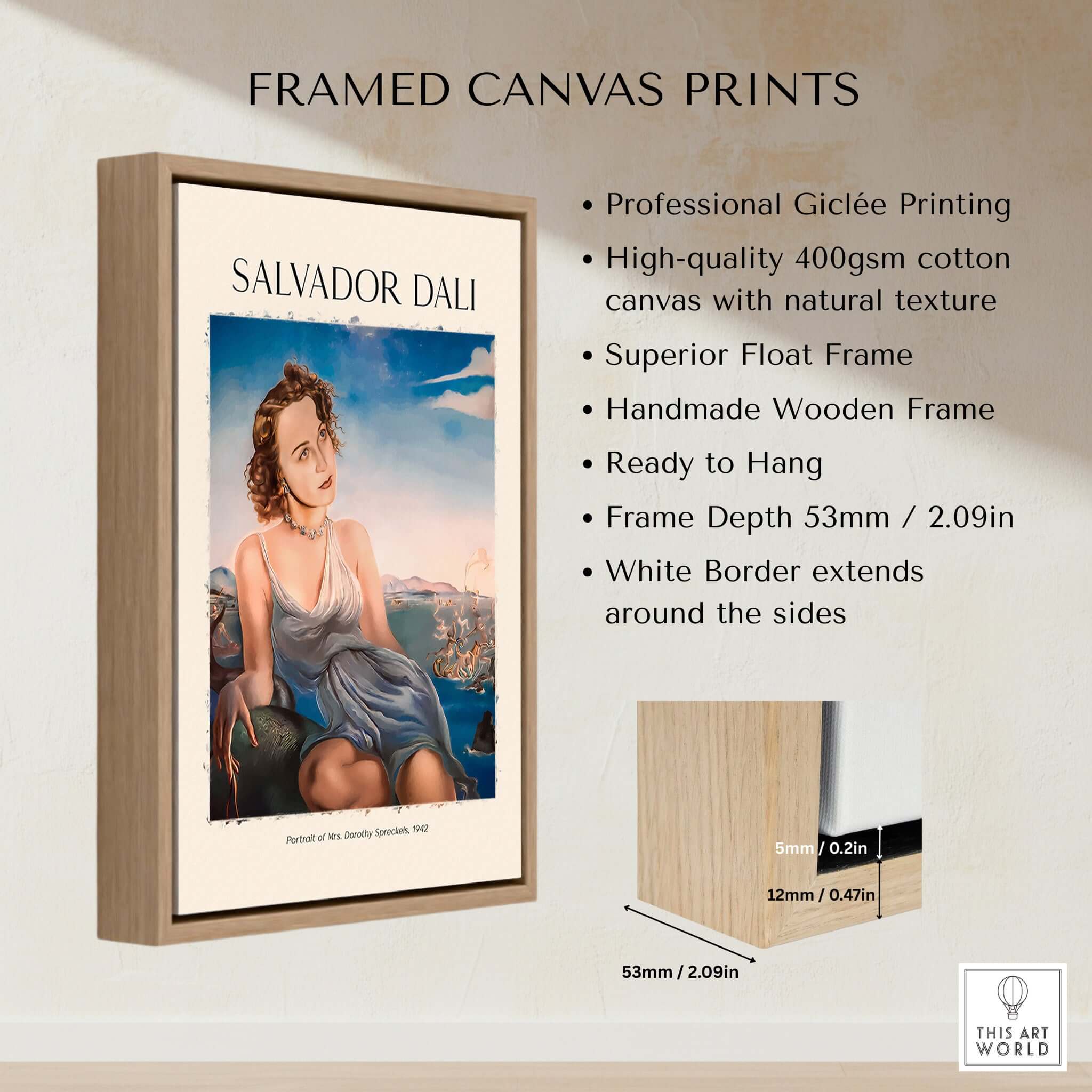 Framed canvas print of Salvador Dali Portrait Mrs Dorothy Spreckels 1942 Surrealist Seascape Art Print Poster with wooden frame.