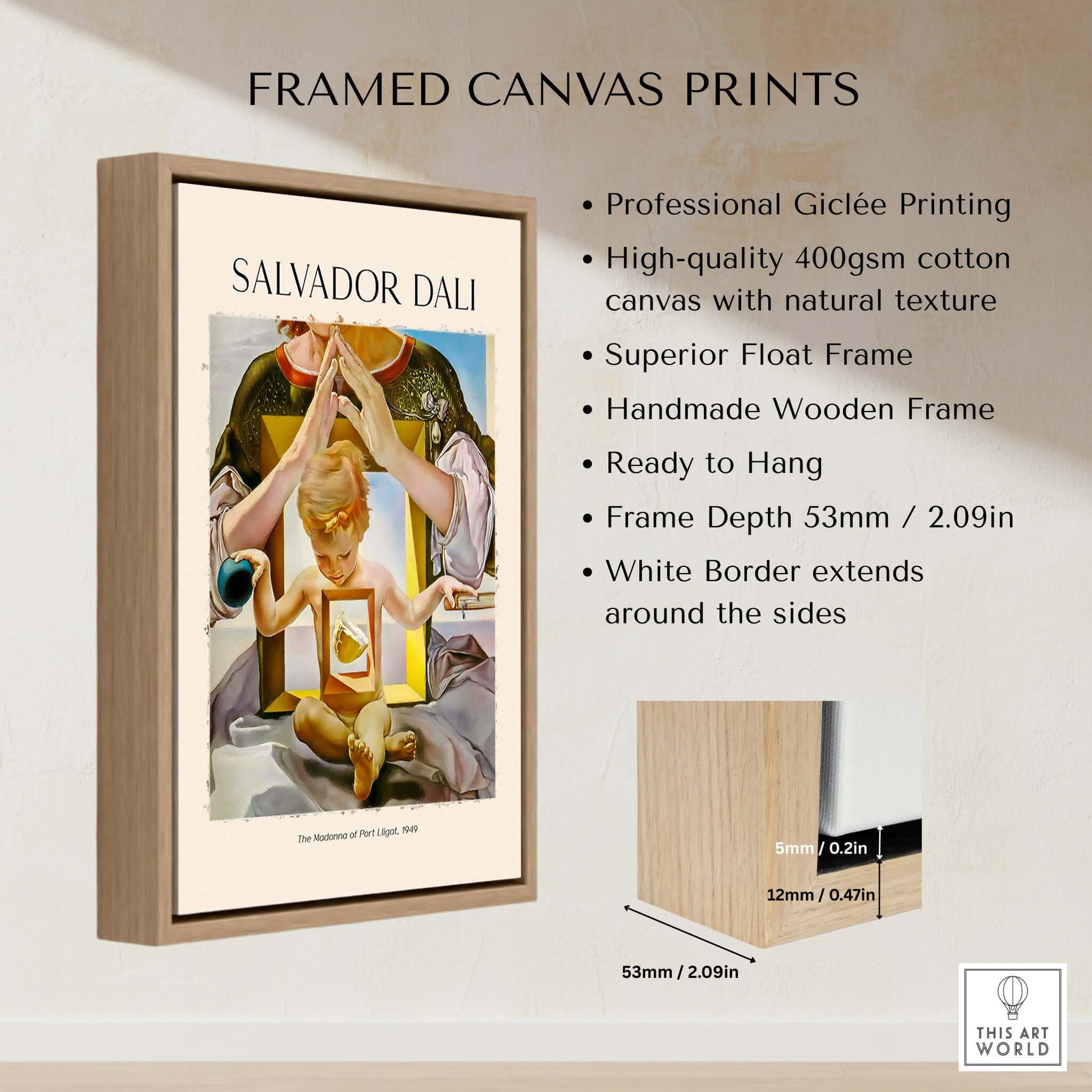 Salvador Dali Madonna Port Lligat 1949 Surrealist Religious Art Print Poster Gala framed canvas print with natural texture.