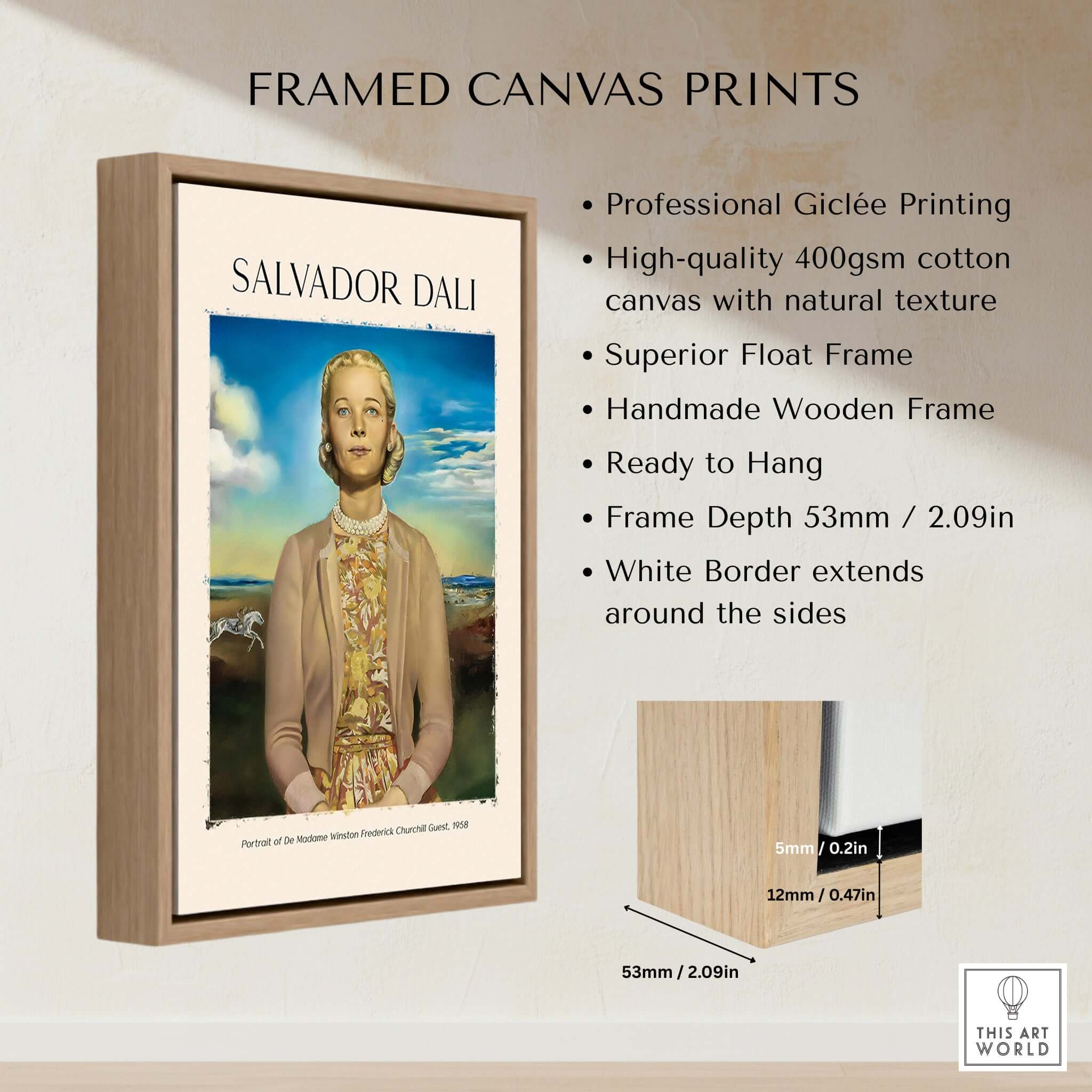 Salvador Dali Portrait Madame Winston Churchill Guest 1958 Surrealist Society Print Poster in a framed canvas print.