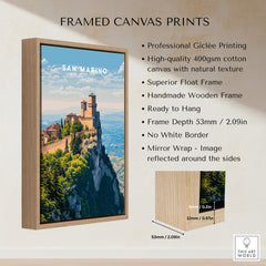 San Marino Wall Art Print | Mount Titano Citadel Travel Poster in a framed canvas design with natural textures.