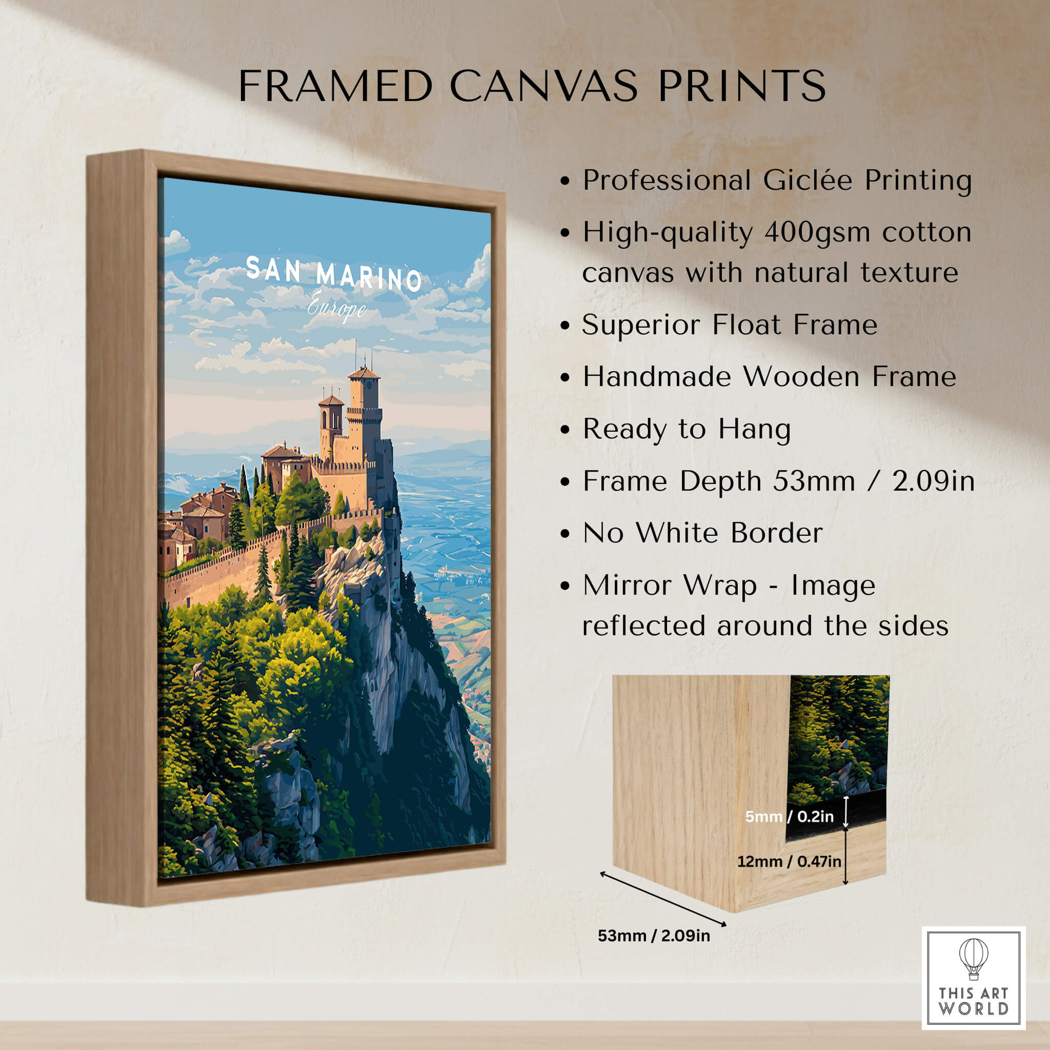 San Marino Wall Art Print | Mount Titano Citadel Travel Poster in a framed canvas design with natural textures.