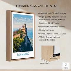 San Marino Poster | Canvas Print featuring framed giclée artwork of San Marino's historic clifftop fortress.