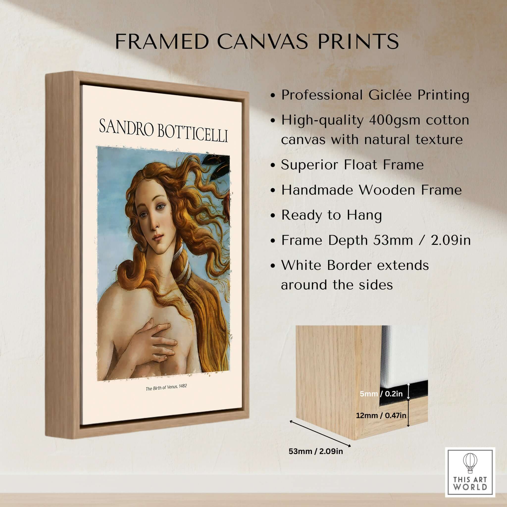 Botticelli Birth of Venus Face Detail Art Print Renaissance Iconic Poster Wall Art framed canvas with natural texture