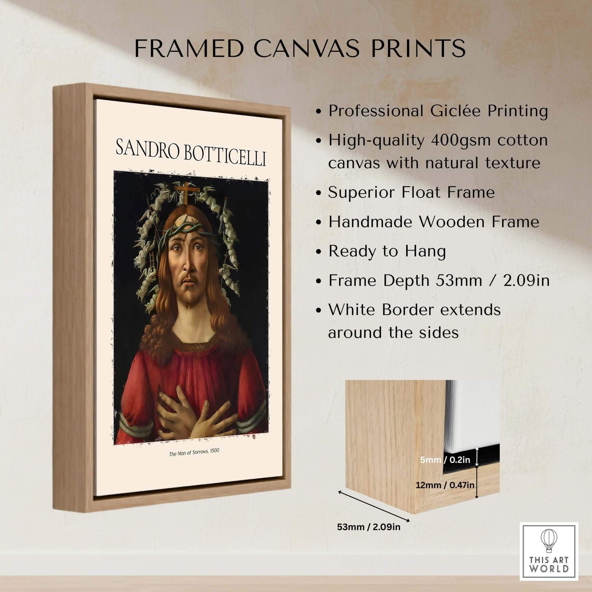 Botticelli Man of Sorrows Christ Art Print Religious Renaissance Painting Poster framed with natural wood.