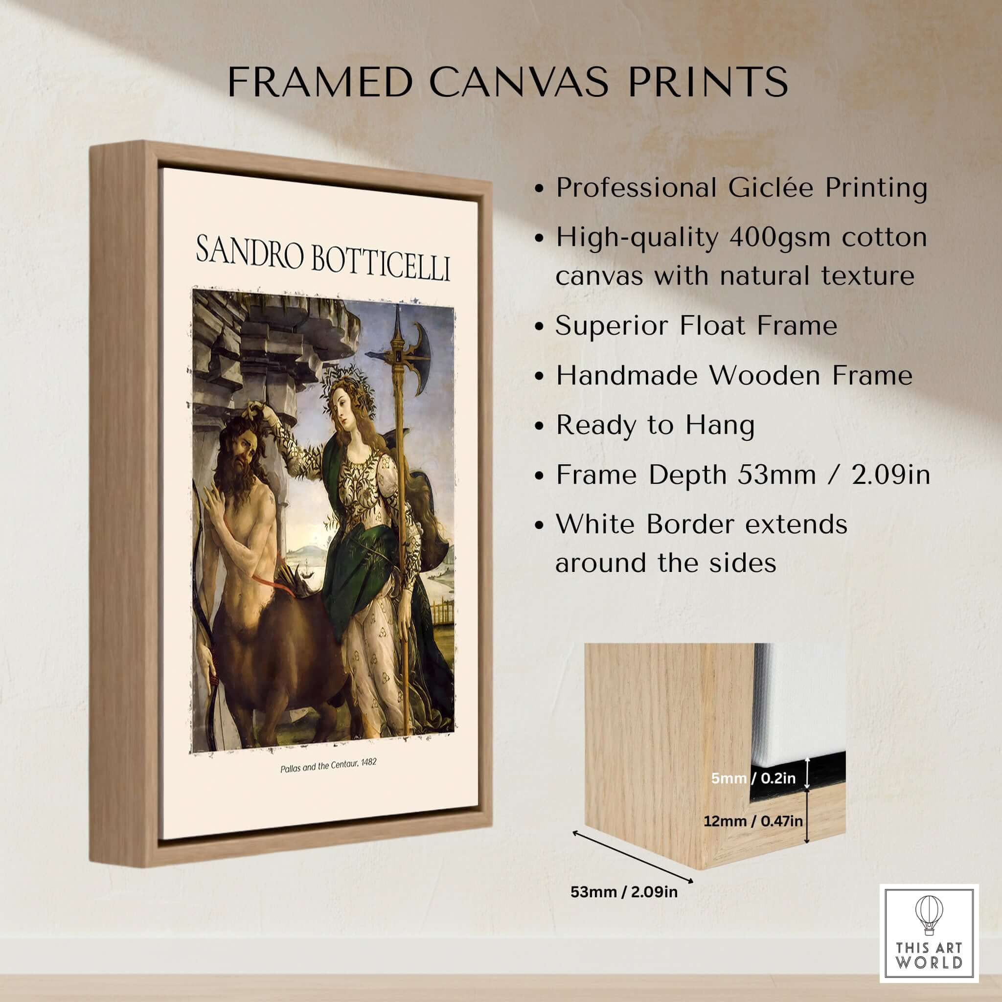 Botticelli Pallas and the Centaur Minerva Art Print Mythology Allegory Poster framed with a wooden float frame.