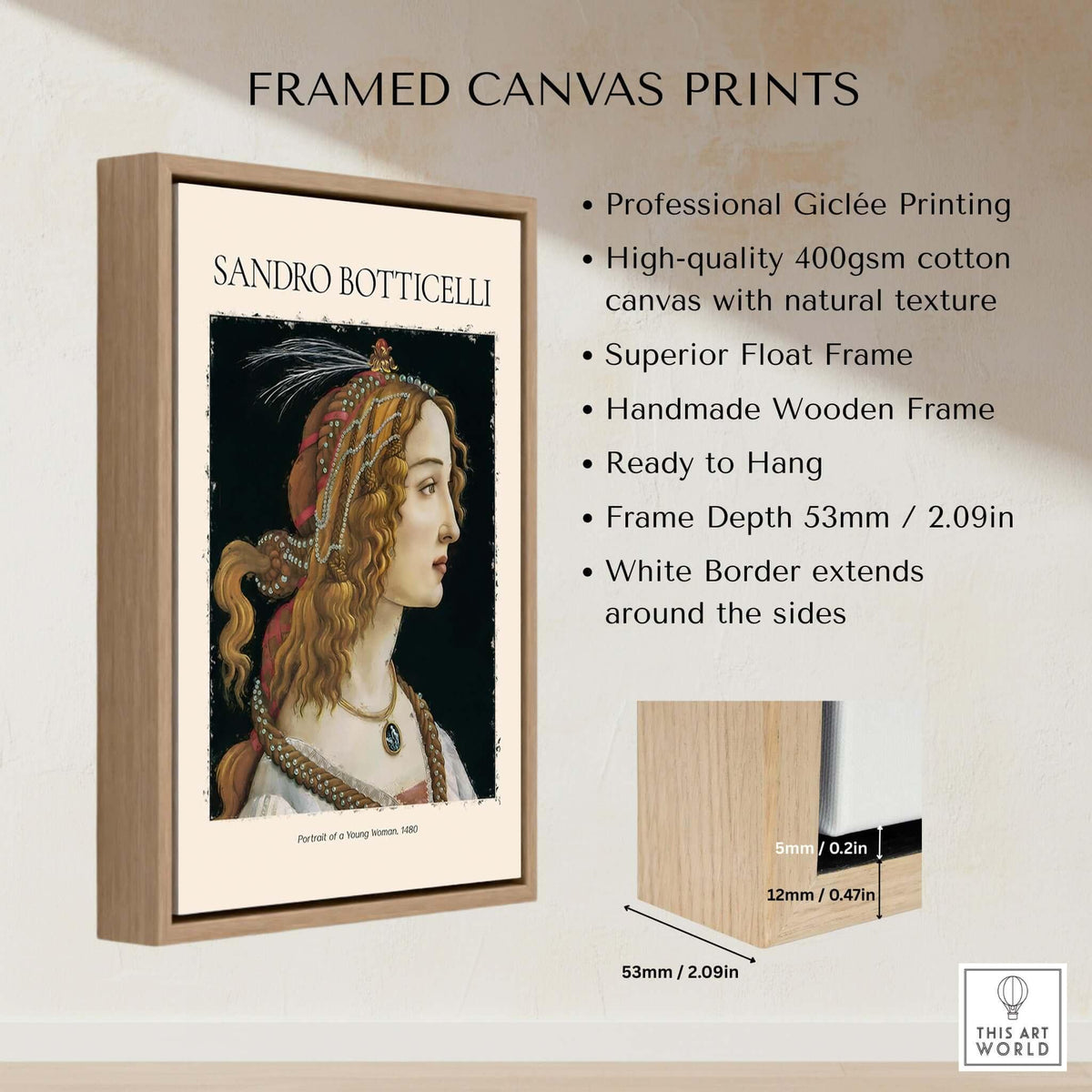 Framed canvas print of Botticelli Portrait of a Young Woman Simonetta Vespucci Art Print Renaissance Poster.