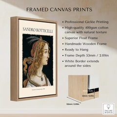 Framed canvas print of Botticelli Portrait of a Young Woman Simonetta Vespucci Art Print Renaissance Poster.