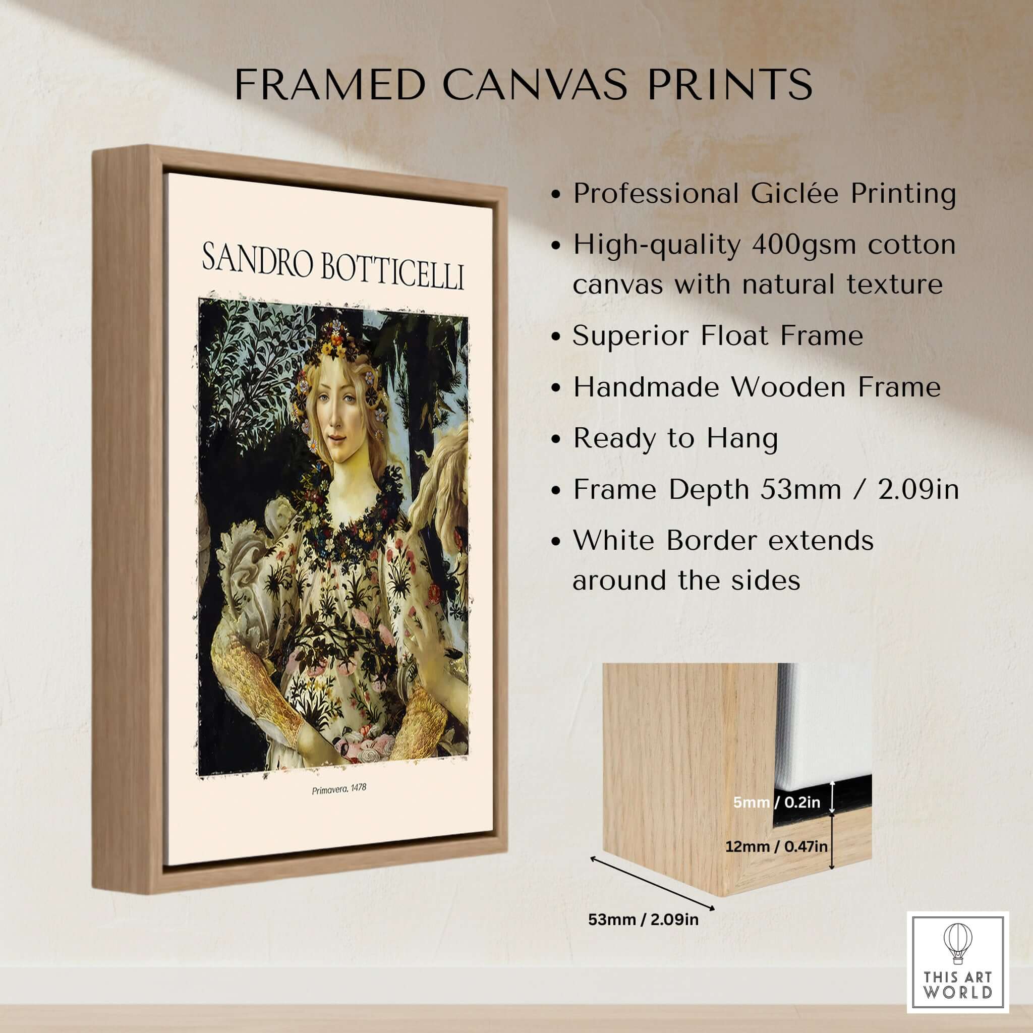 Botticelli Primavera Detail Flora Art Print Renaissance Allegory Spring Poster framed in a wooden float frame with white border.
