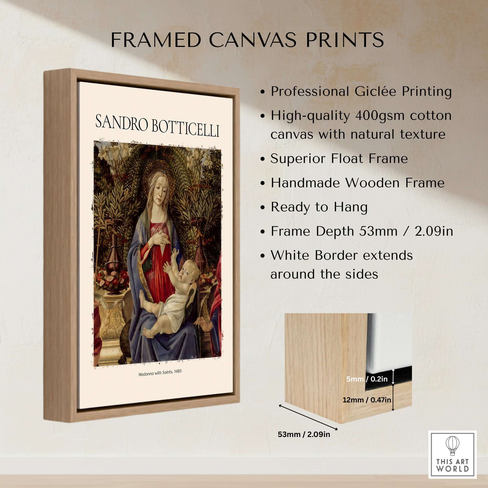 Botticelli Madonna with Saints Bardi Altarpiece Art Print Renaissance Religious Poster in a framed canvas print with dimensions.
