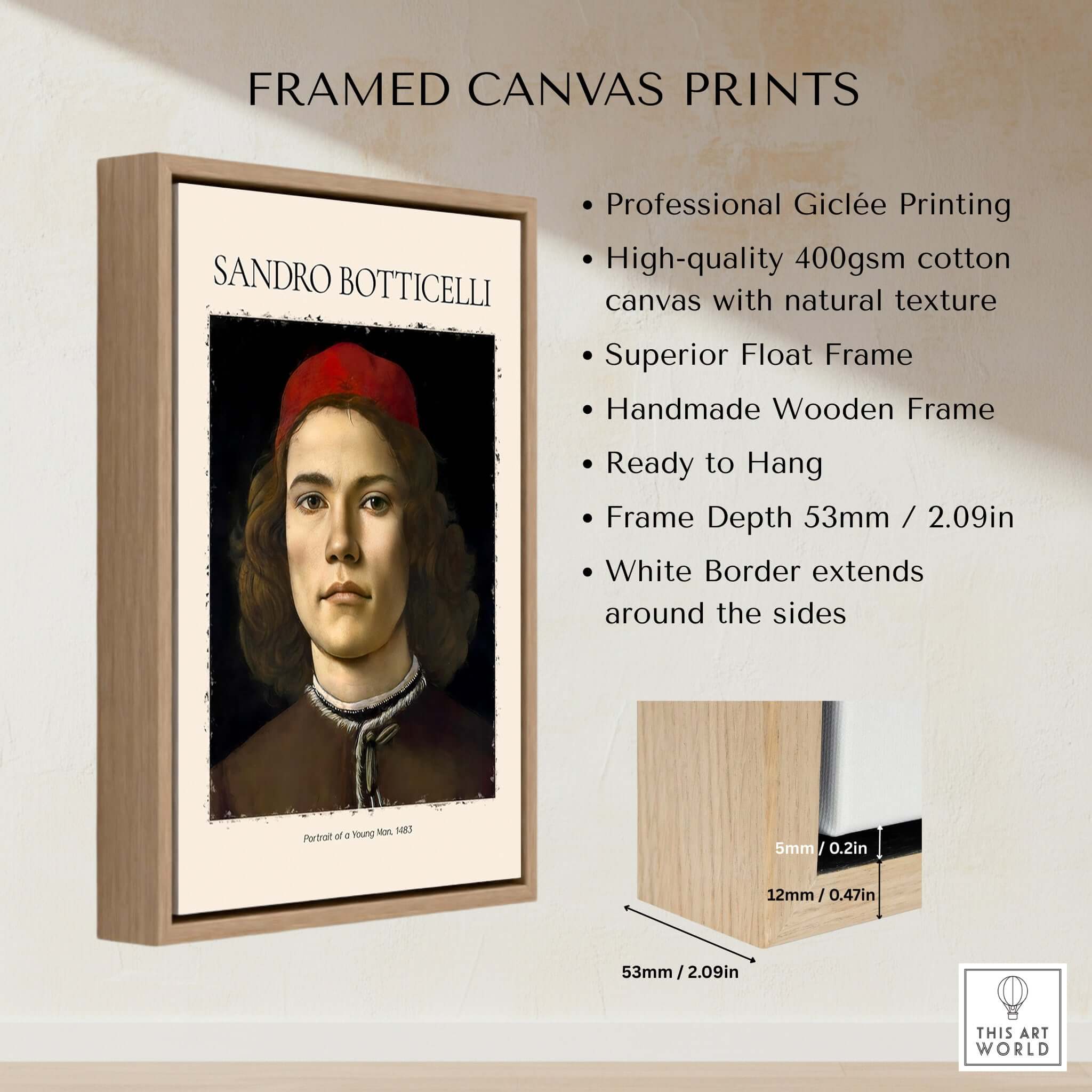 Botticelli Portrait Young Man Red Hat 1483 Art Print Renaissance Florentine Poster framed canvas print with wooden frame.