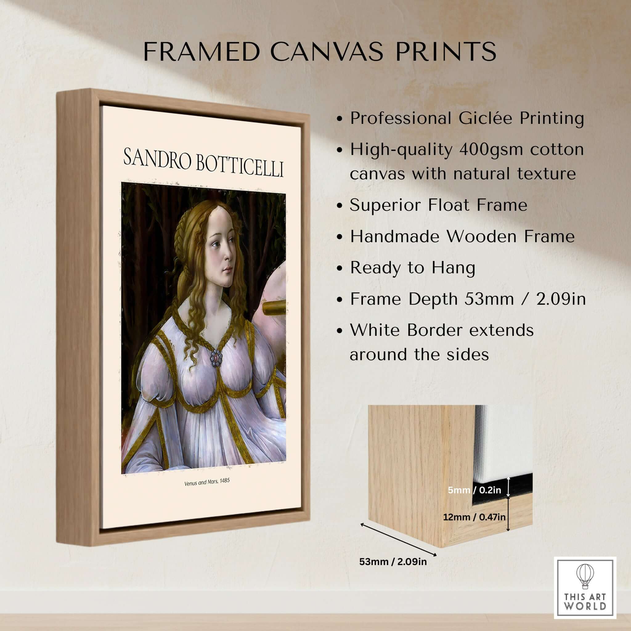 Botticelli Venus and Mars Detail Art Print Renaissance Portrait Poster Wall Art framed canvas print with natural texture.