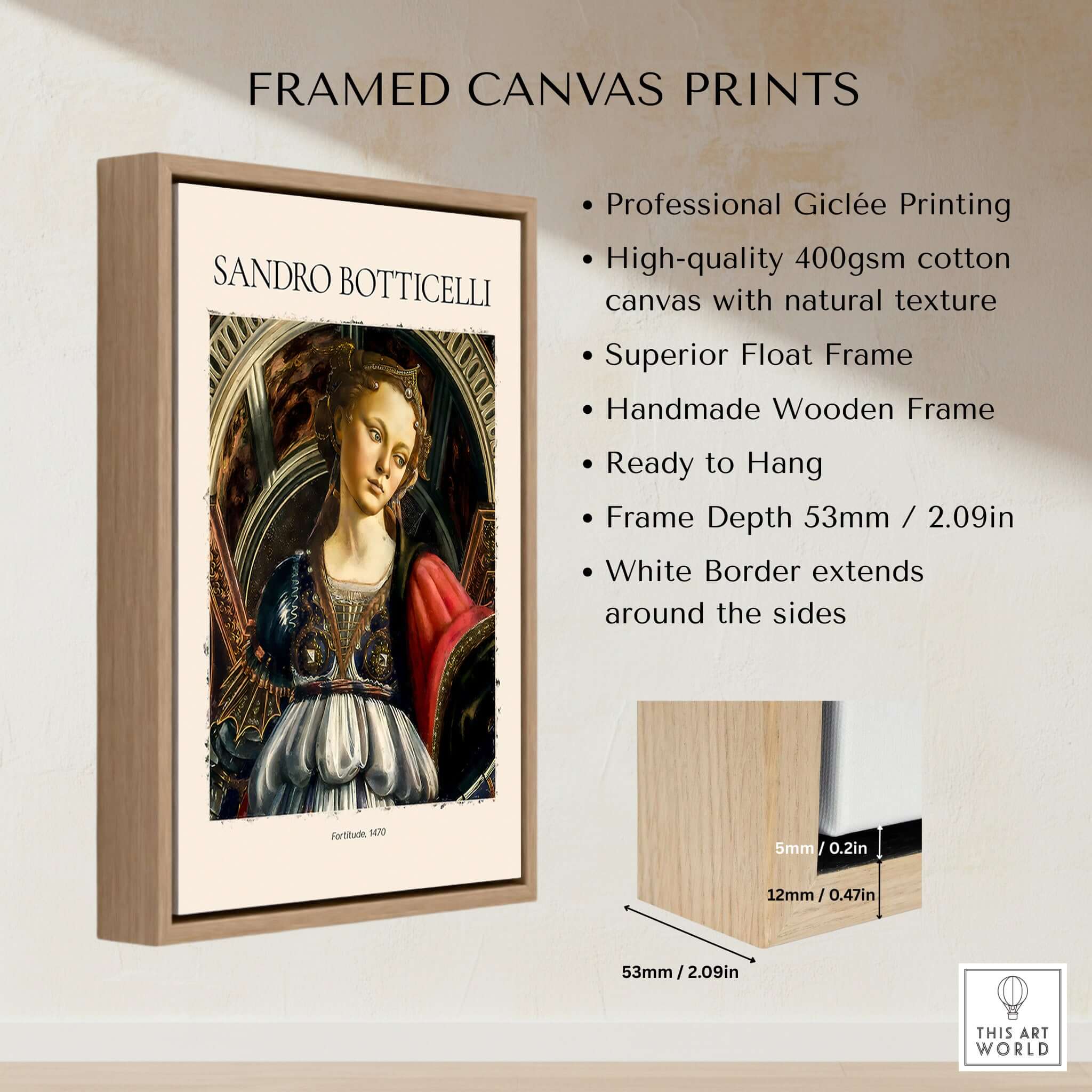 Botticelli Fortitude 1470 Allegory Virtue Art Print Renaissance Poster Wall Decor framed canvas print with natural texture.