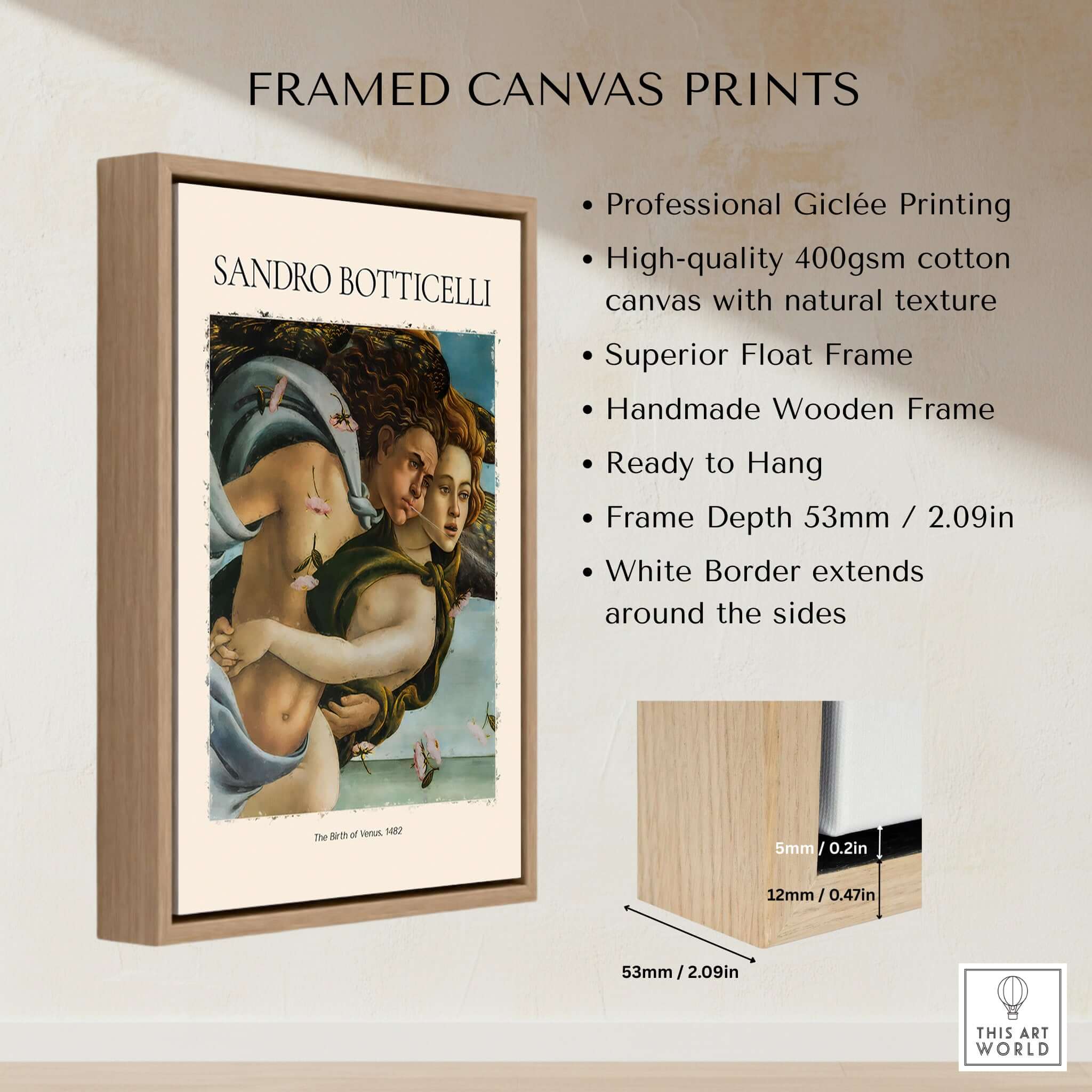 Botticelli Birth of Venus Detail Zephyr Aura Art Print Renaissance Mythology Poster framed canvas print with wooden frame.