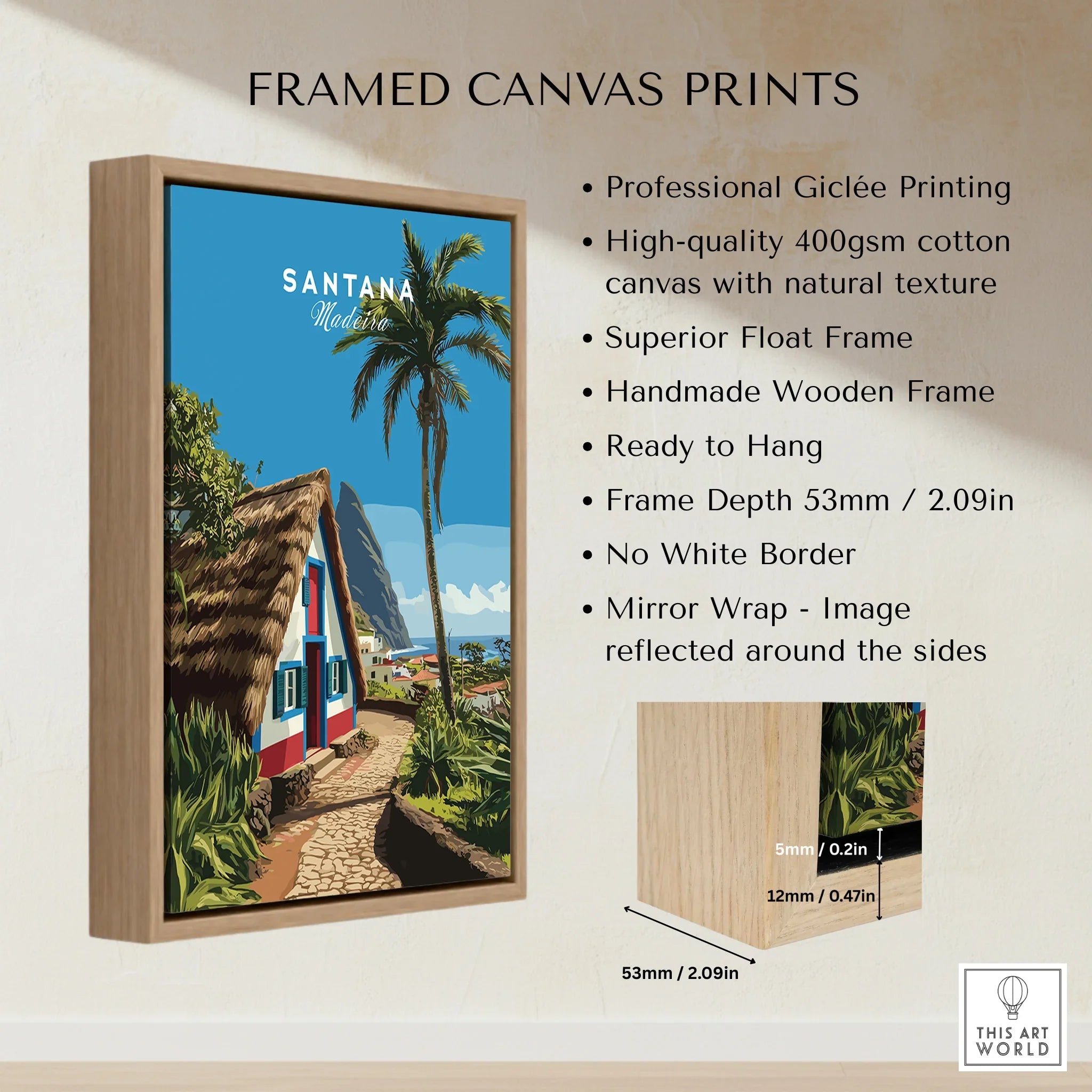 Framed canvas print with Santana Madeira travel art, handmade wooden float frame details