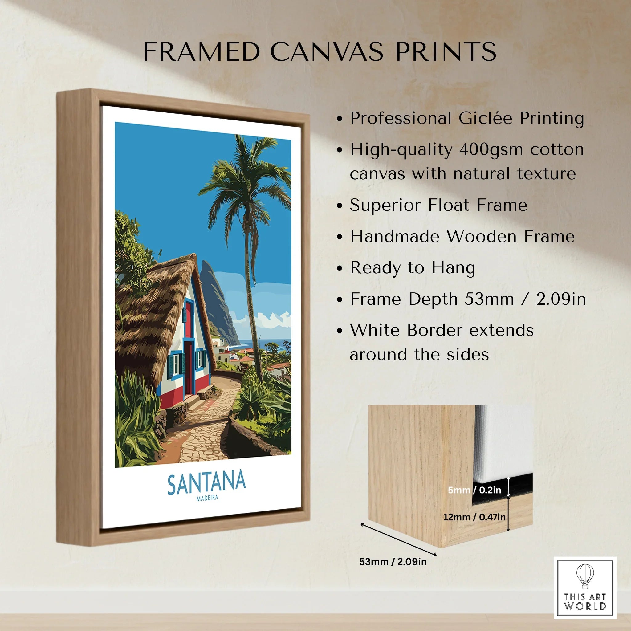 Framed canvas wall art featuring Santana Madeira travel print, float frame details shown.