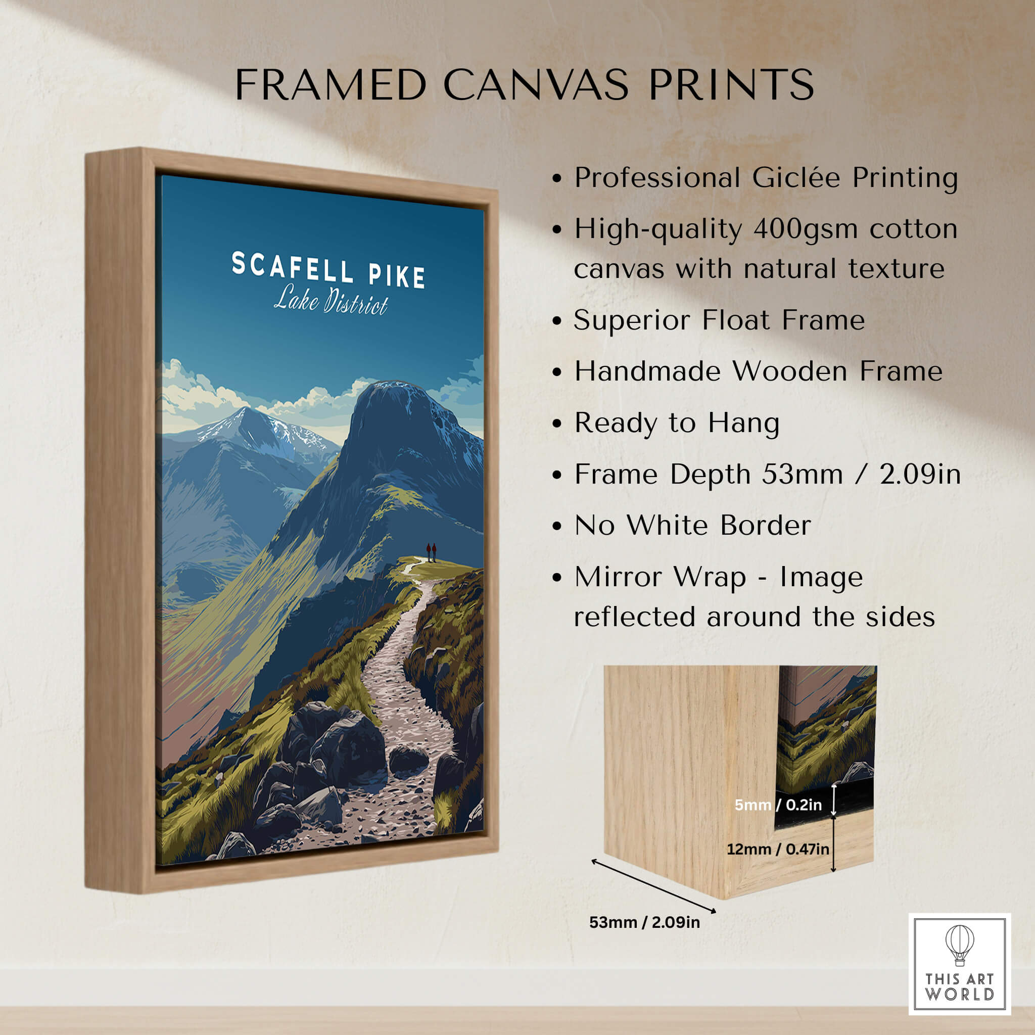 Scafell Pike Lake District Wall Art Print | English Mountain Peak Travel Poster framed canvas print with wooden frame