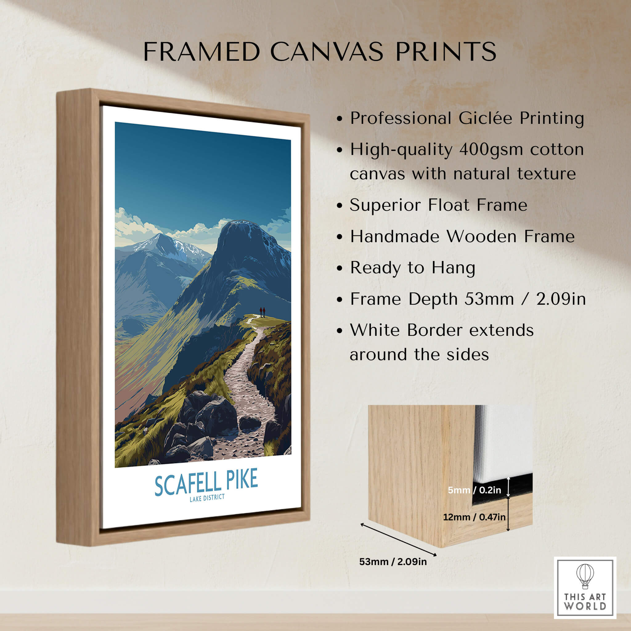 Scafell Pike Lake District Poster | Hiking Trail Landscape Canvas Print showcased in a handmade wooden frame.