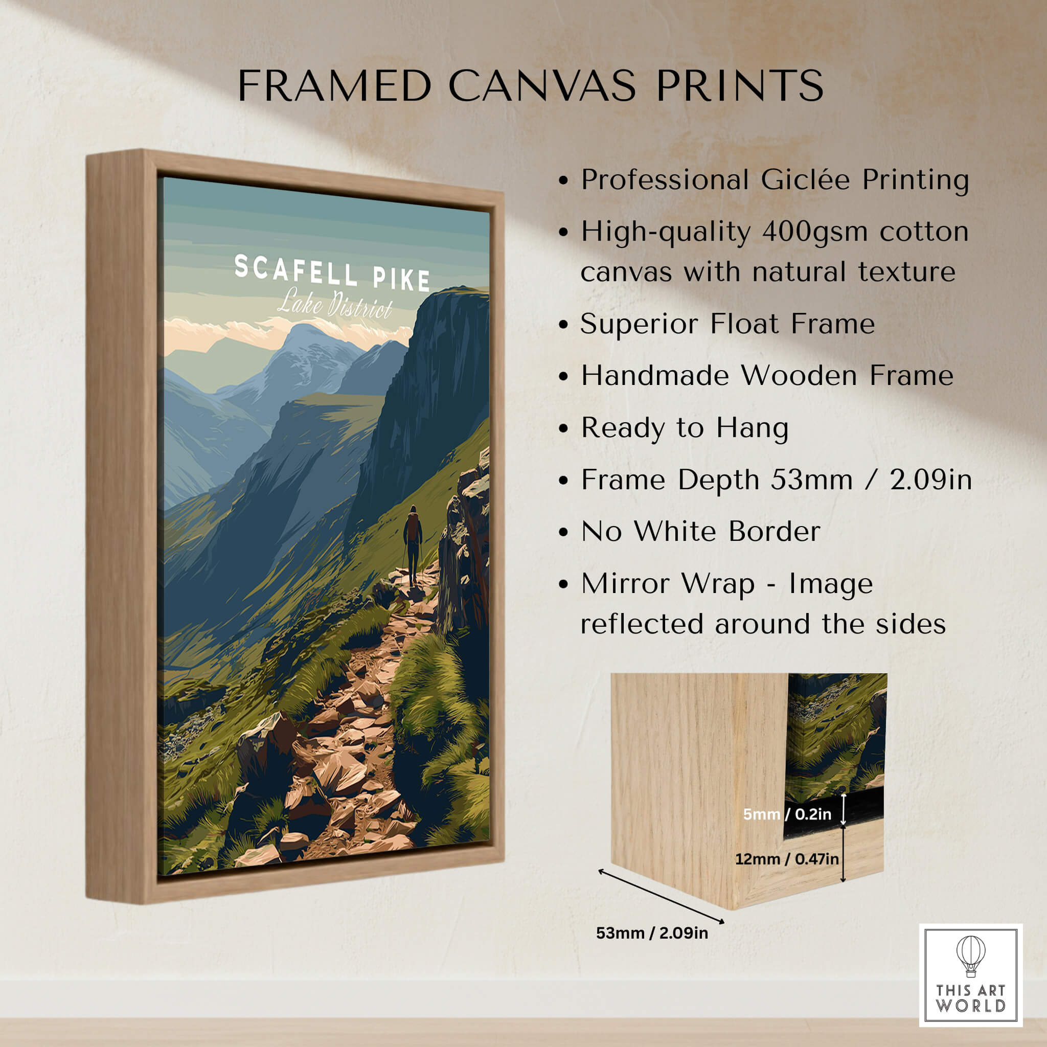 Scafell Pike Lake District Travel Poster | Mountain Valley View Wall Art Print displayed in a framed canvas print.