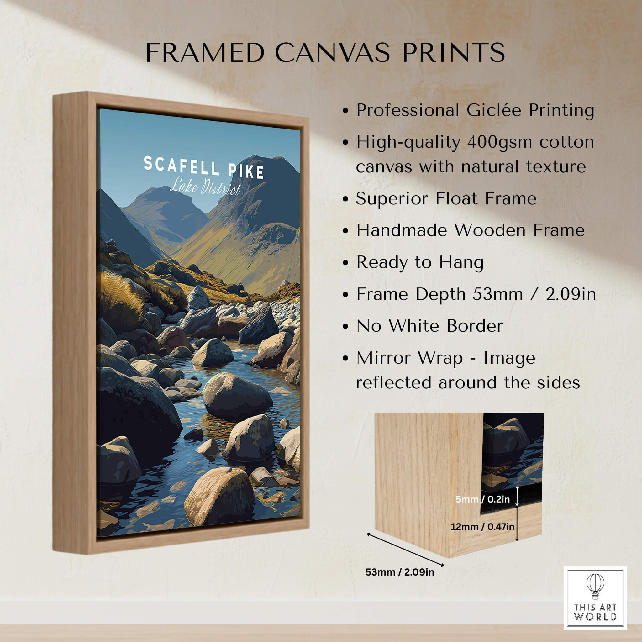 Scafell Pike Poster Lake District Wall Art Print framed canvas with mountain landscape and professional giclée printing.
