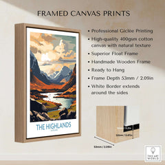 The Highlands Wall Art | Modern Style framed canvas print showcasing Scotland's Highlands with vibrant colors and stunning detail.