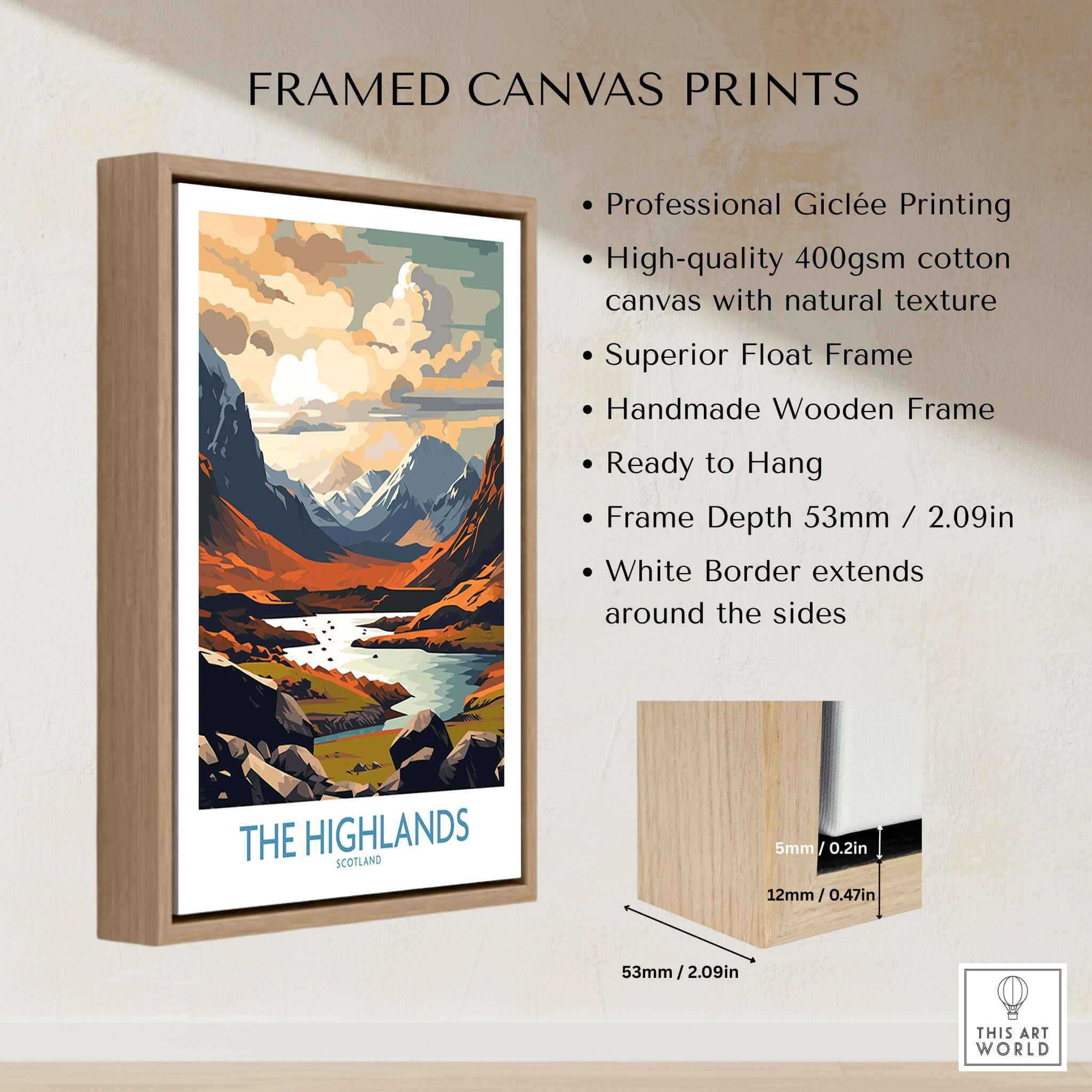 The Highlands Wall Art | Modern Style framed canvas print showcasing Scotland's Highlands with vibrant colors and stunning detail.