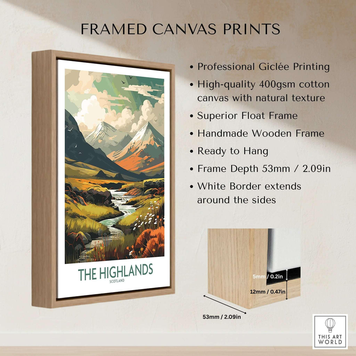 Scottish Highlands Art Print | Modern Style featuring a framed canvas with vibrant mountain landscape.