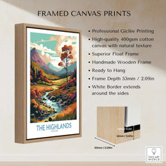 The Highlands Scotland Art Print framed in a wooden frame, showcasing vibrant colors and intricate details of Scotland's landscape.