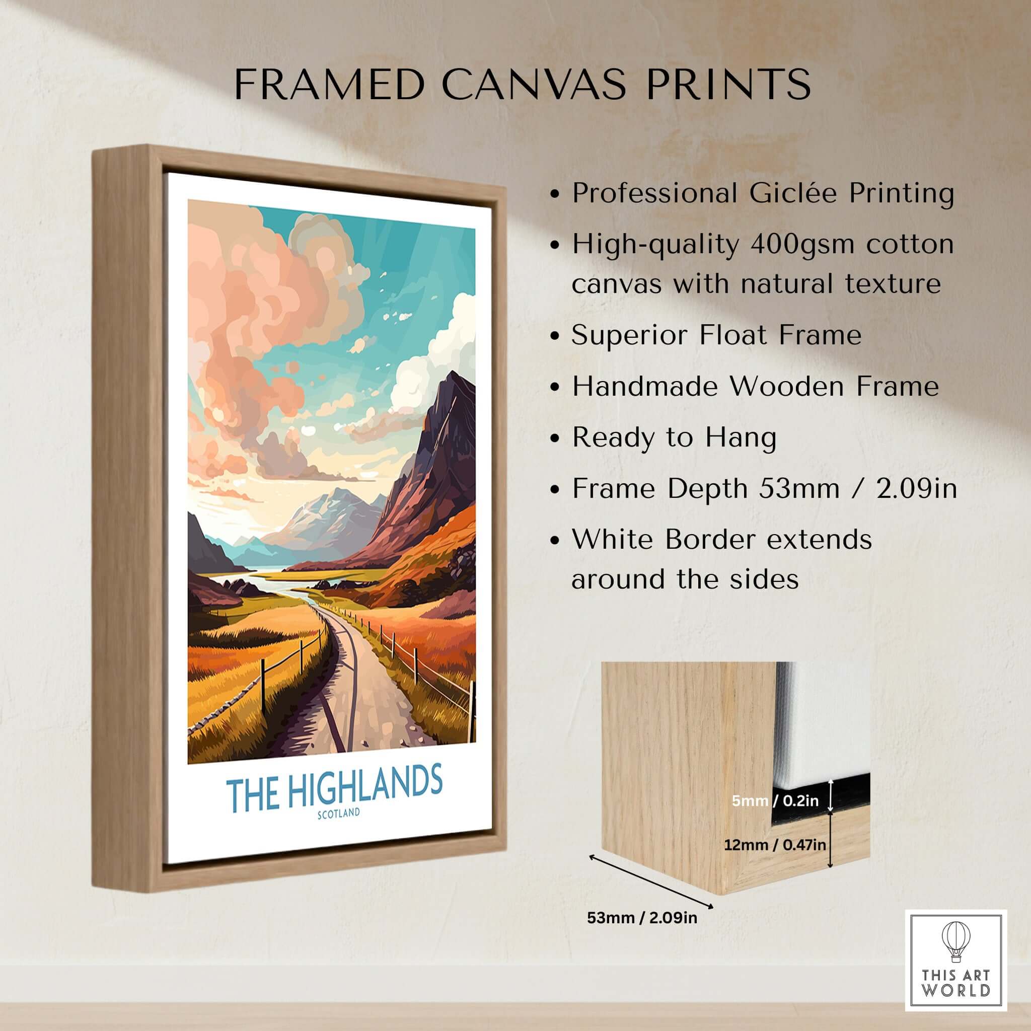 The Highlands Scotland Wall Art framed canvas print showcasing vibrant colors and stunning details of Scotland's Highlands.