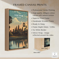 Siem Reap Poster Cambodia | Angkor Wat Temple Wall Art Print framed canvas with detailed specifications.