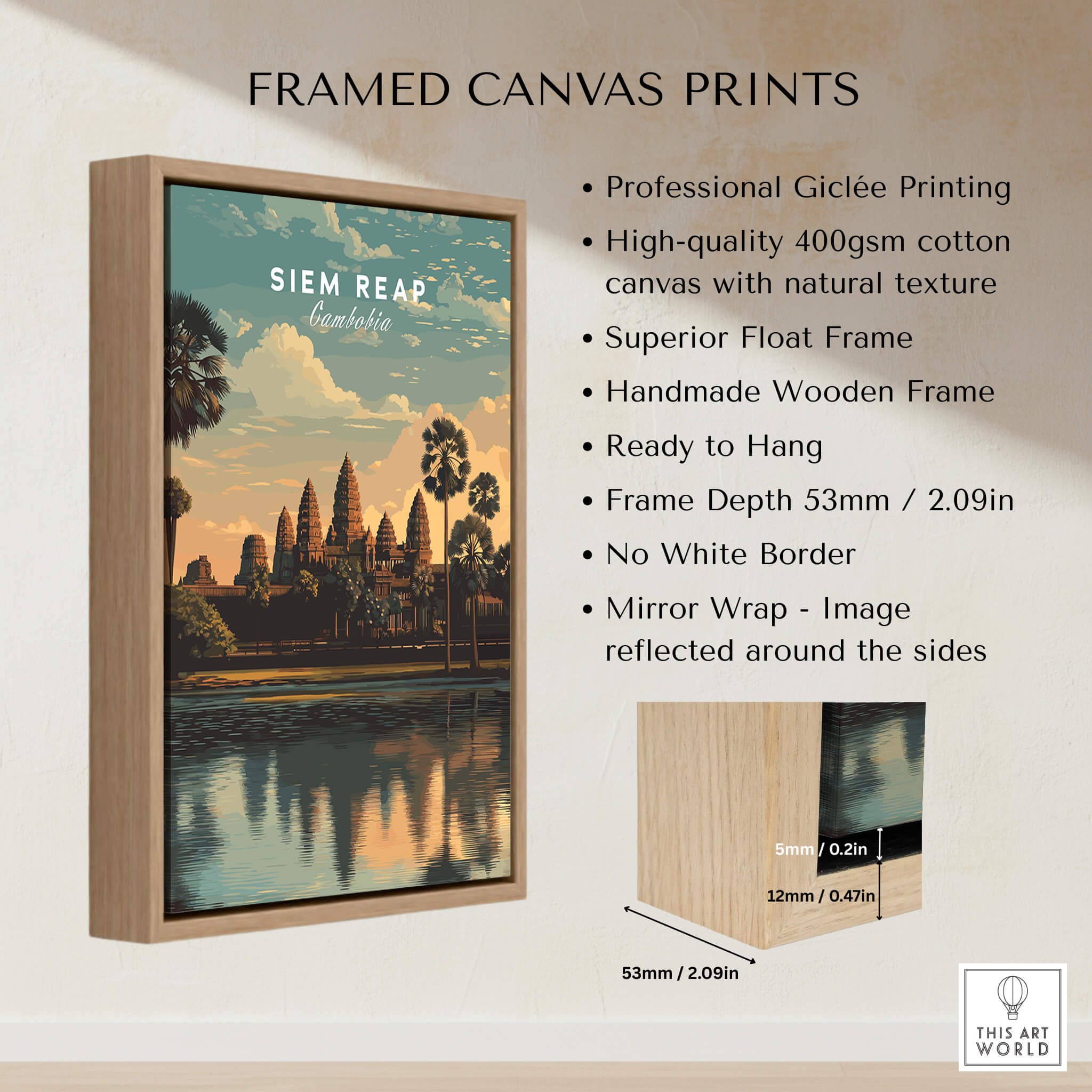 Siem Reap Poster Cambodia | Angkor Wat Temple Wall Art Print framed canvas with detailed specifications.