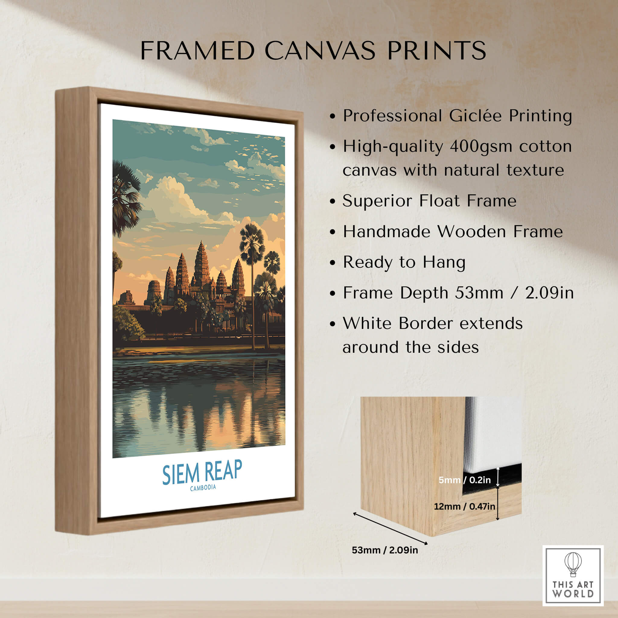 Siem Reap Canvas Print | Cambodia Khmer Poster framed canvas print showcasing Siem Reap's stunning temples and landscapes.