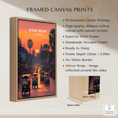 Siem Reap Wall Art Print | Cambodia Sunset Street Scene Travel Poster framed canvas print showcasing vibrant sunset street scene.