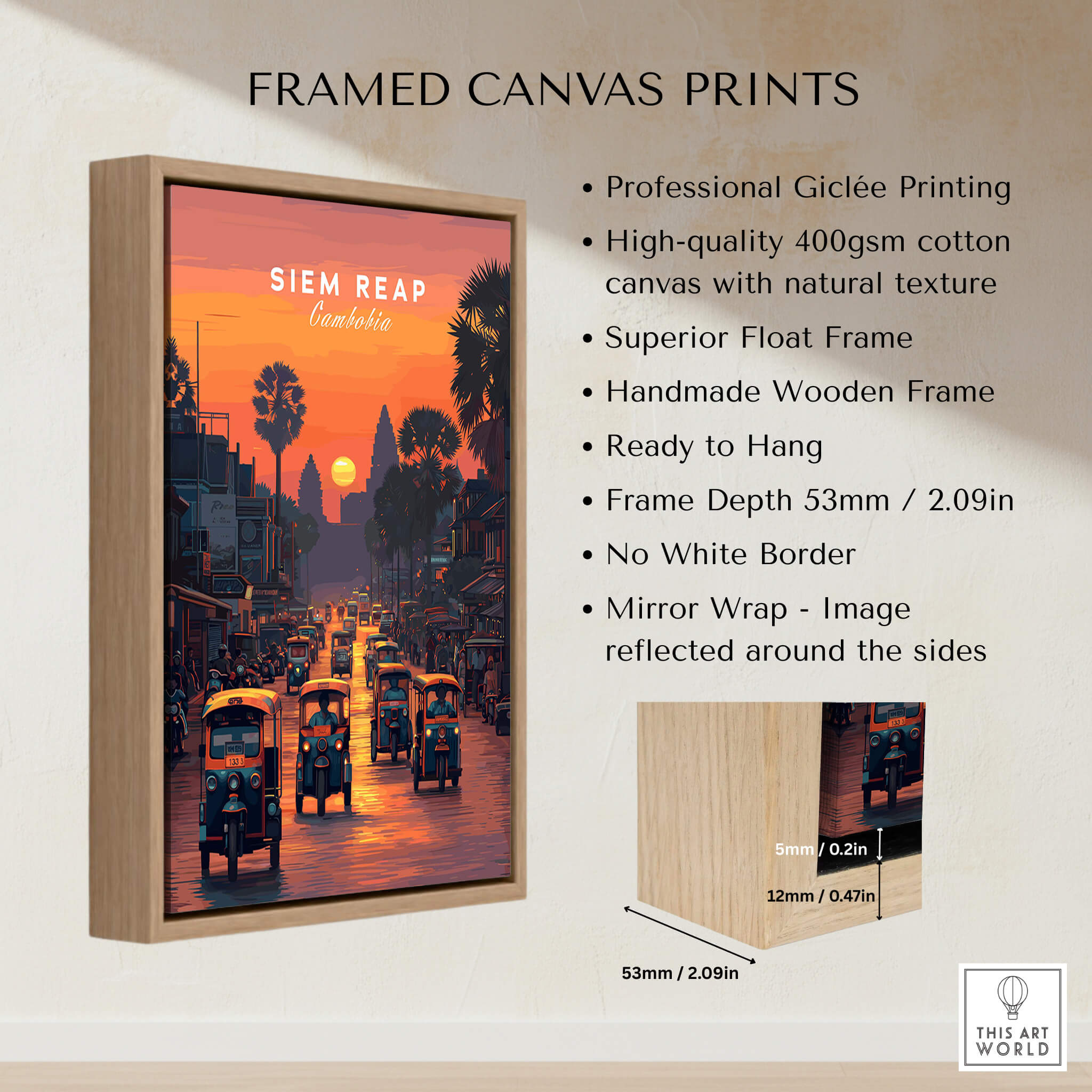 Siem Reap Wall Art Print | Cambodia Sunset Street Scene Travel Poster framed canvas print showcasing vibrant sunset street scene.