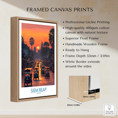 Siem Reap Poster | Bustling Tuk Tuk Cambodia Cityscape Canvas Print framed with high-quality giclée printing for wall decor.