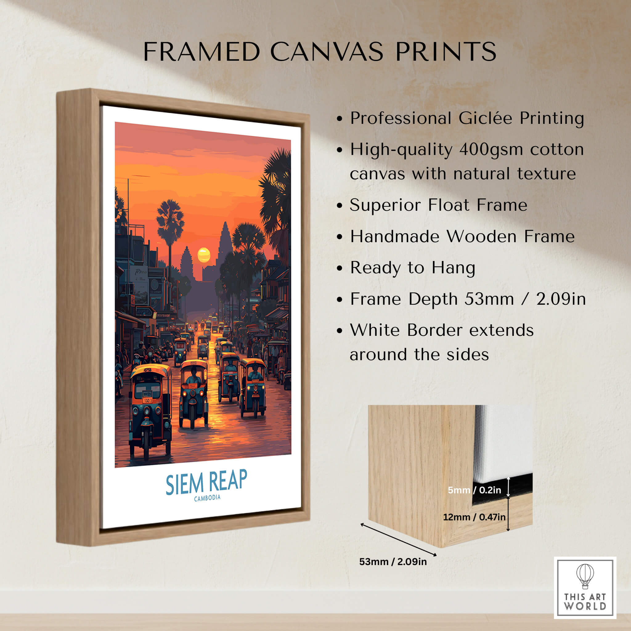 Siem Reap Poster | Bustling Tuk Tuk Cambodia Cityscape Canvas Print framed with high-quality giclée printing for wall decor.