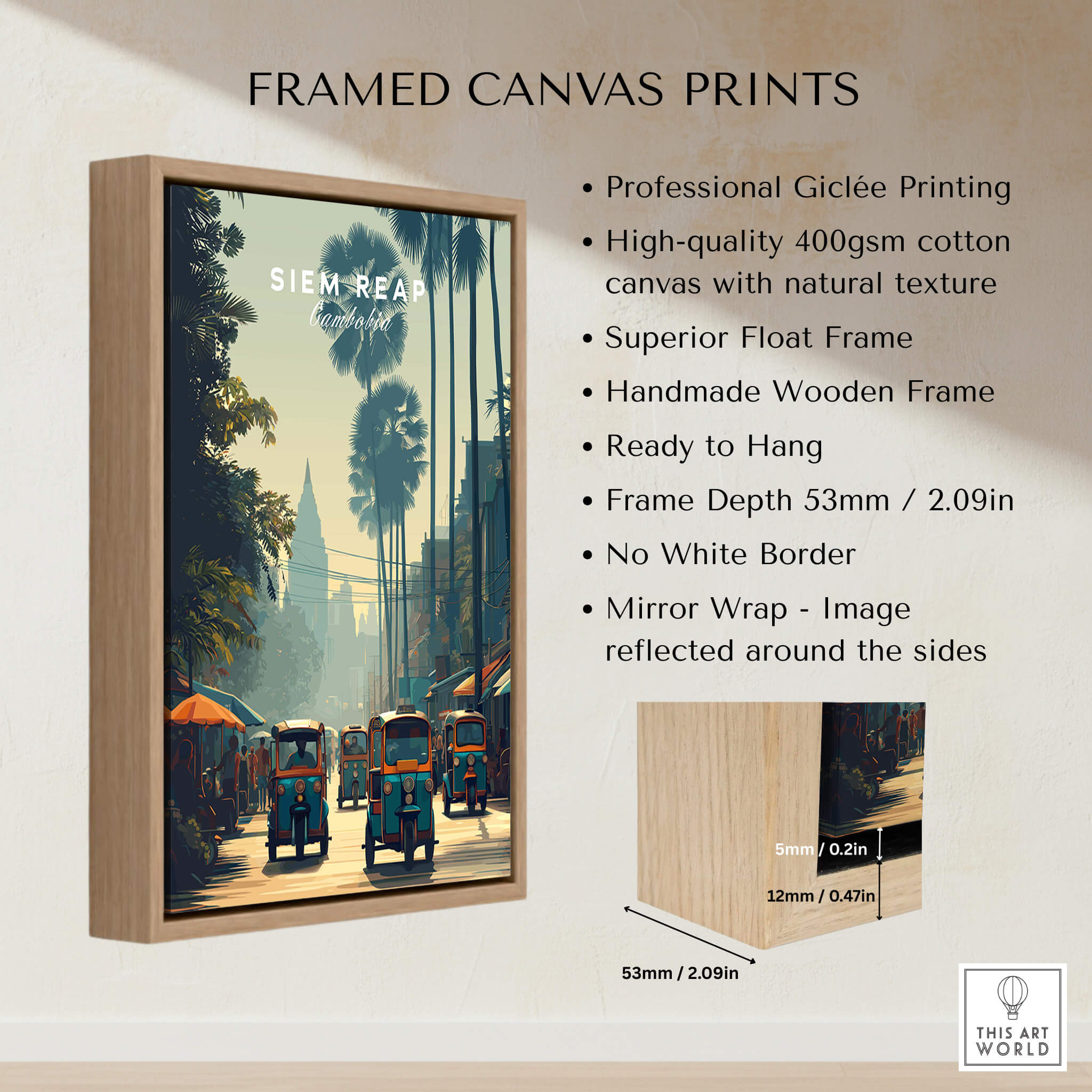 Siem Reap Cambodia Travel Poster | Tropical Town Street Wall Art Print framed canvas print showcasing vibrant street life.